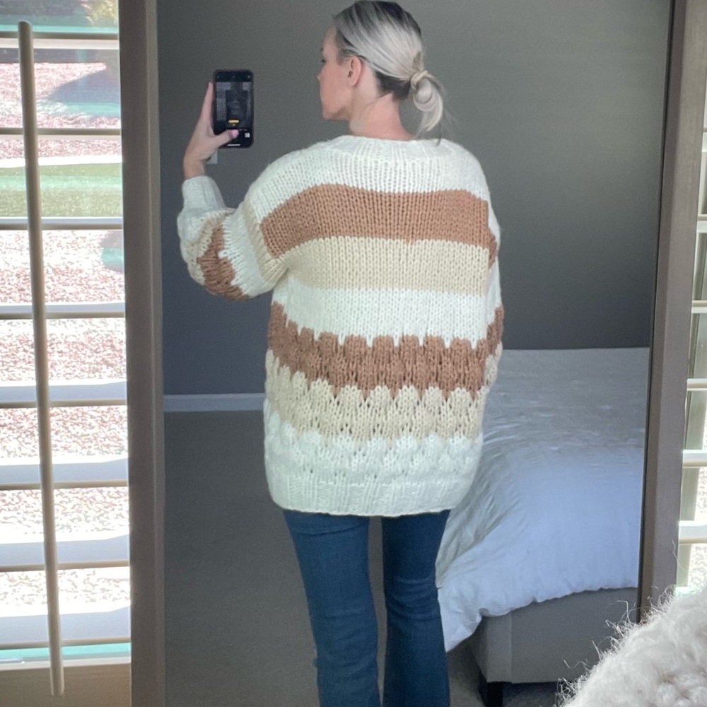 Crocheted Ivory tan and cream cozy oversized open cardigan - s/m & m/l - Picture 5 of 5